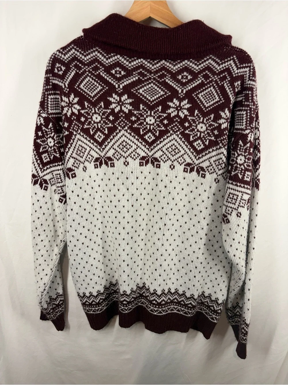 John Blair Fair Isle Full Zip Sweater Men’s Medium Burgundy White Nordic
